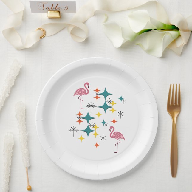 Mid Century Modern Eames Atomic Flamingos Diamonds Paper Plate (Wedding)