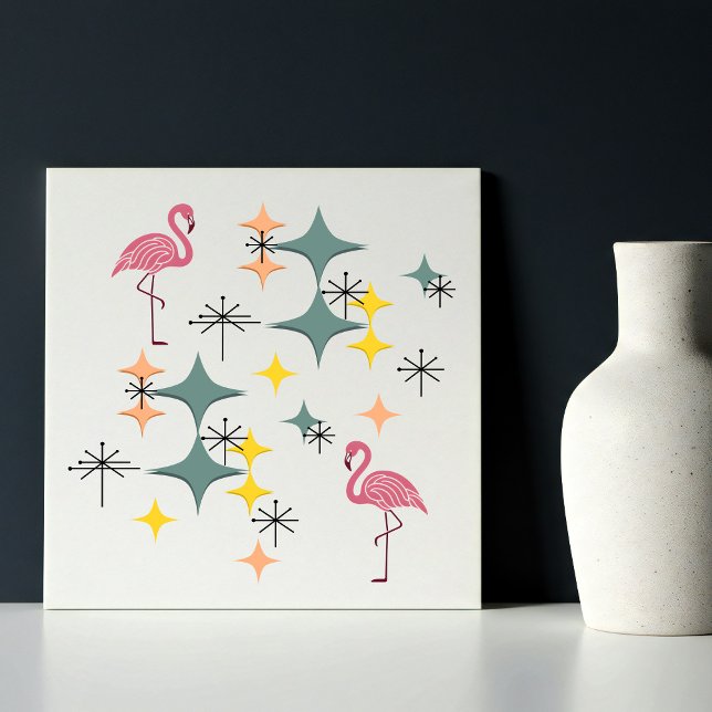 Mid Century Modern Eames Starbursts Pink Flamingos Tile (Mid Century Modern Pink Flamingos Stars Diamonds Starbursts Eames Era Atomic Space Age Pattern)