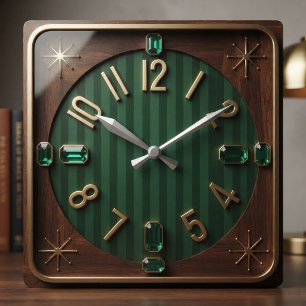 Mid-Century Modern Emerald Green Striped Gemstones Square Wall Clock
