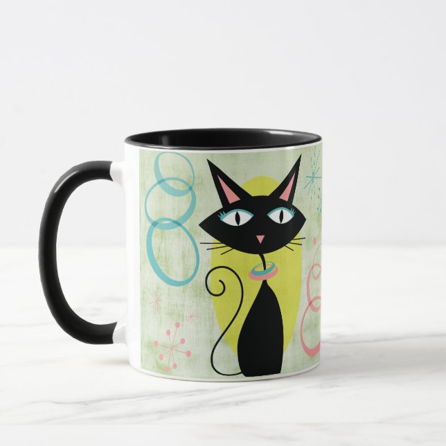 Mid-Century Modern Far Out Atomic Black Cat Mug (Left)