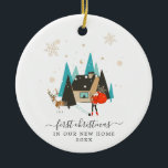 Mid-Century Modern | First Christmas New Home Ceramic Tree Decoration<br><div class="desc">Hand drawn illustrations of Santa and his reindeer visiting your new home. This ornament depicts a Mid-Century Modern holiday theme. Full of charm these designs invoke festive nostalgia. Moving into your first home is a big deal. A new home ornament makes the perfect gift to mark this milestone. A new...</div>