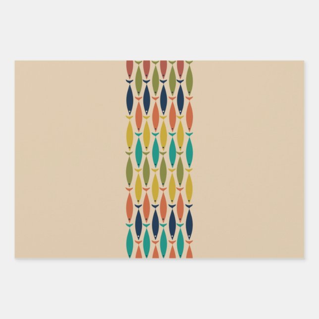 Mid Century Modern Fish and Minimalist Ocean Wave  Wrapping Paper Sheet (Front)