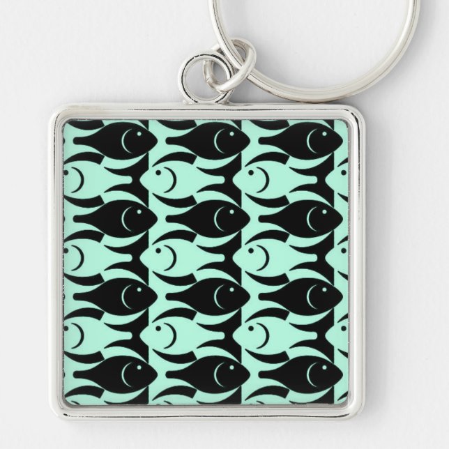 Mid-Century Modern fish, aqua and black Key Ring (Front)
