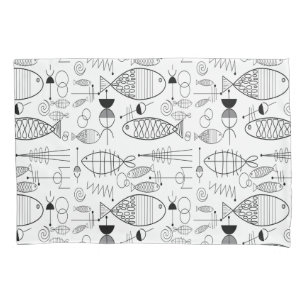 Mid-Century Modern Fish Art Black & White Pillowcase