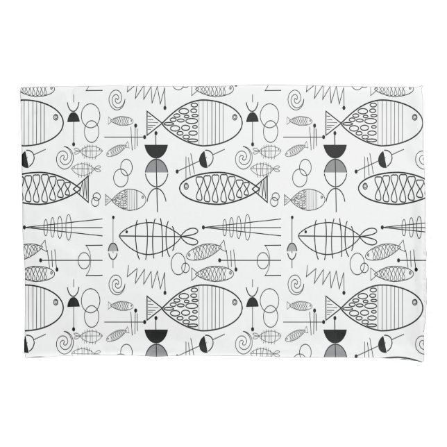 Mid-Century Modern Fish Art Black & White Pillowcase (Front)