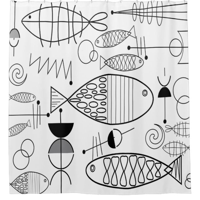 Mid-Century Modern Fish Art Black White Shower Curtain (Front)