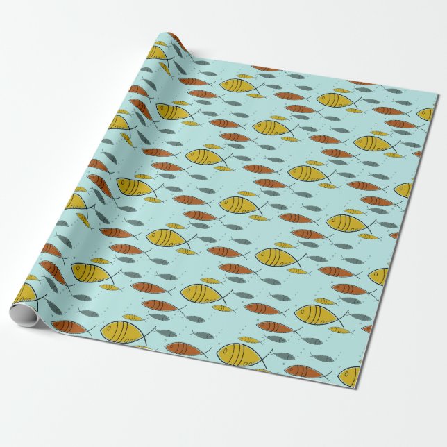 Mid Century Modern Fish Atomic Era Blue Custom Wrapping Paper (Unrolled)