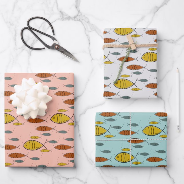 Mid Century Modern Fish Atomic Era Pink Blue Grey  Wrapping Paper Sheet (Front)