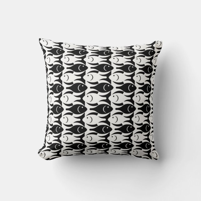 Mid-Century Modern fish, black and white Cushion (Front)