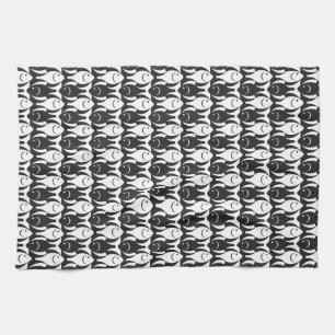 Mid-Century Modern fish, black and white Tea Towel