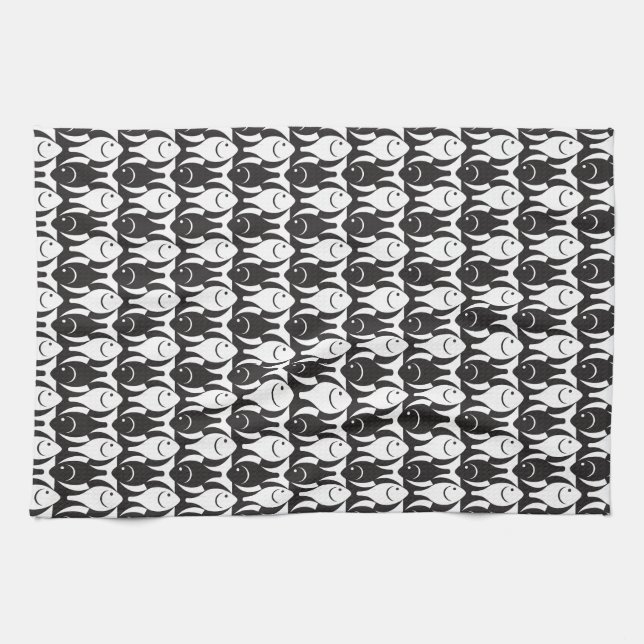 Mid-Century Modern fish, black and white Tea Towel (Horizontal)