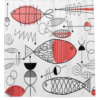 Mid-Century Modern Fish Black White Salmon Pink Shower Curtain