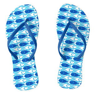 Mid-Century Modern fish, cobalt blue Flip Flops