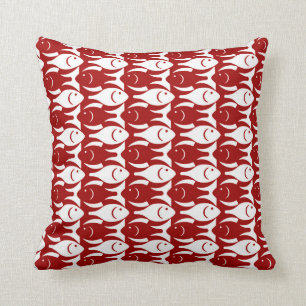 Mid-Century Modern fish, dark red and white Cushion