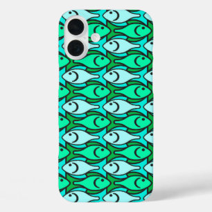 Mid-Century Modern fish, jade green and aqua iPhone 16 Plus Case