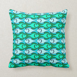 Mid-Century Modern fish, jade green and aqua Cushion