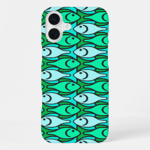 Mid-Century Modern fish, jade green and aqua iPhone 16 Plus Case