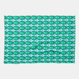 Mid-Century Modern fish, jade green and aqua Tea Towel