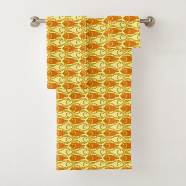 Mid-Century Modern Fish, Mustard Yellow & Orange Bath Towel Set (Insitu)