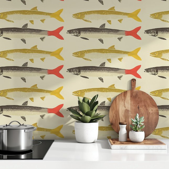 Mid-Century Modern Fish Pattern Bold Playful Wallpaper (Creator Uploaded)