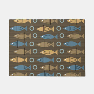 Mid Century Modern Fish Pattern brown Blue Doormat