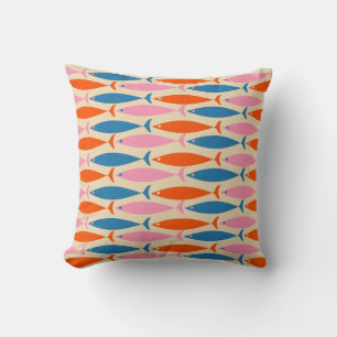 Mid Century Modern Fish Pattern Pink Blue Orange Cushion