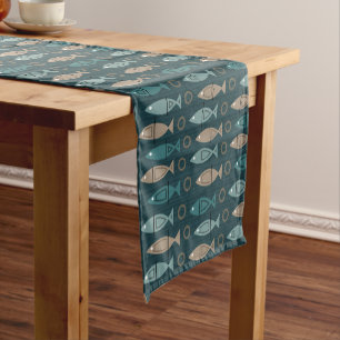 Mid Century Modern Fish Pattern Teal Bronze Short Table Runner