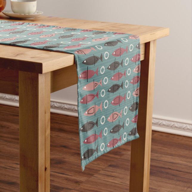 Mid Century Modern Fish Pattern Teal Pink Brown Short Table Runner (In Situ)