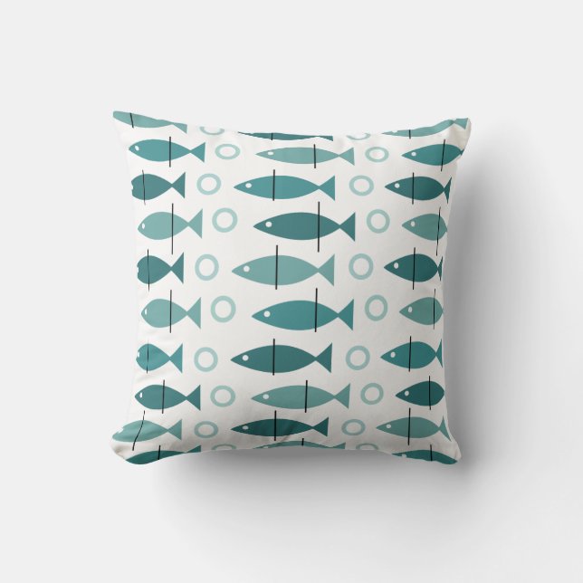 Mid Century Modern Fish Pattern Turquoise Cushion (Front)