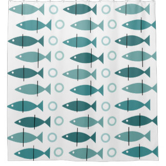Mid Century Modern Fish Pattern Turquoise Shower Curtain