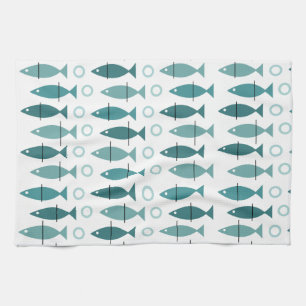Mid Century Modern Fish Pattern Turquoise Tea Towel