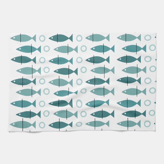 Mid Century Modern Fish Pattern Turquoise Tea Towel (Horizontal)
