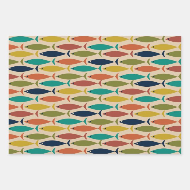 Mid Century Modern Fish Pattern Wrapping Paper Sheet (Front)