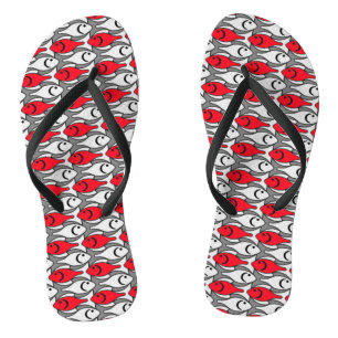 Mid-Century Modern fish, red and grey / grey Flip Flops