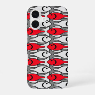 Mid-Century Modern fish, red and grey / grey iPhone 16 Case