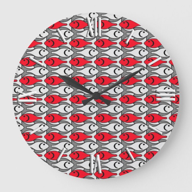 Mid-Century Modern fish, red and grey / grey Large Clock (Front)