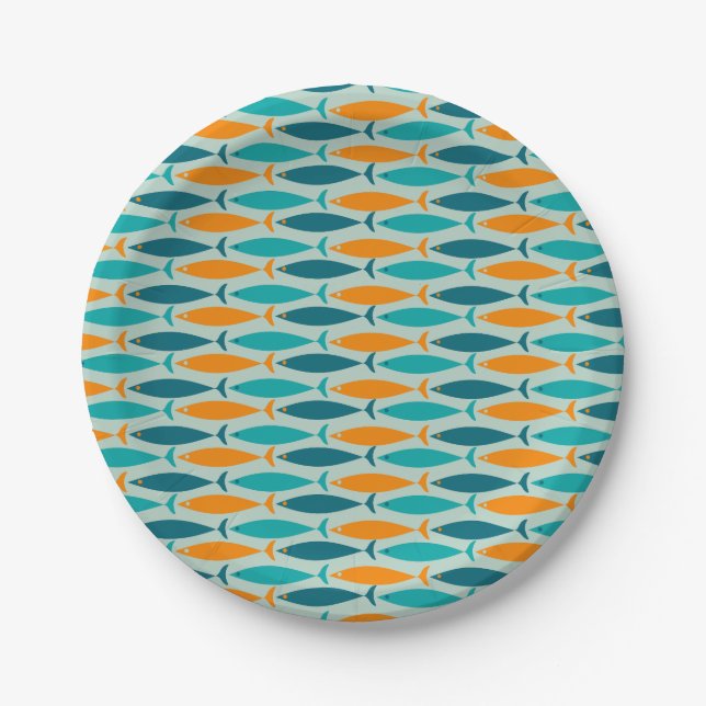 Mid Century Modern Fish Stripes Pattern  Paper Plate (Front)