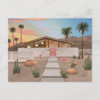 Mid Century Modern Flamingo House Postcard