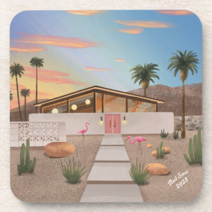 Mid Century Modern Flamingo House Set of Coasters