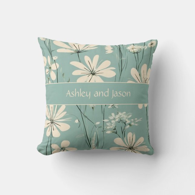 Mid Century Modern Floral Custom Couple Names Cushion (Front)