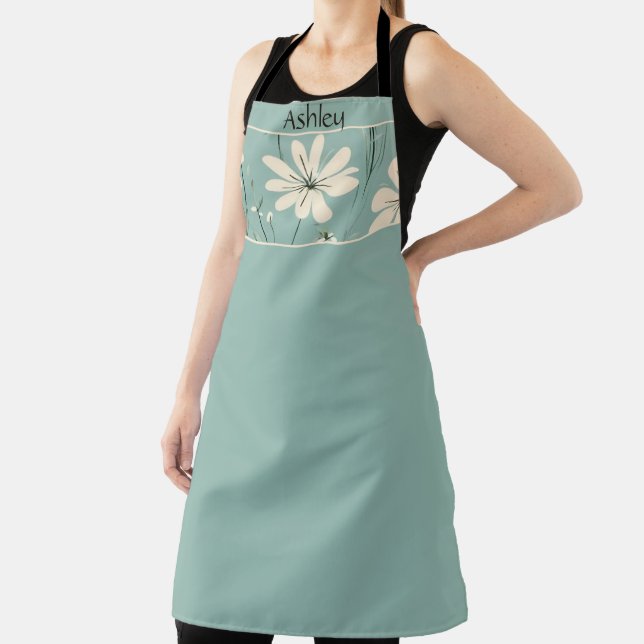 Mid Century Modern Floral Daisy Custom Name Apron (Insitu)