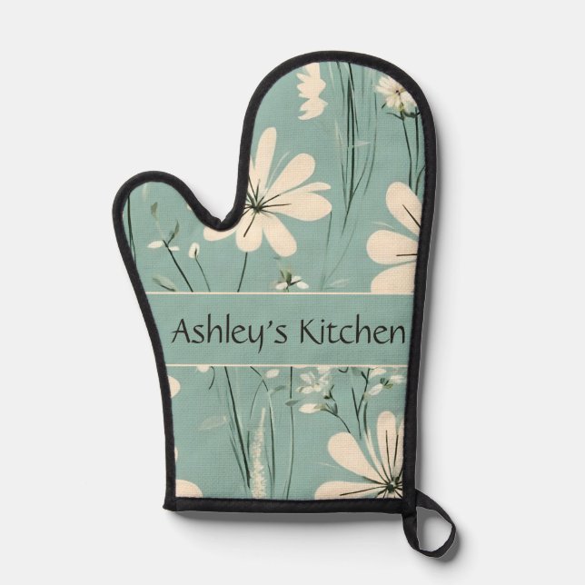 Mid Century Modern Floral Daisy Custom Name Oven Mitt (Front)