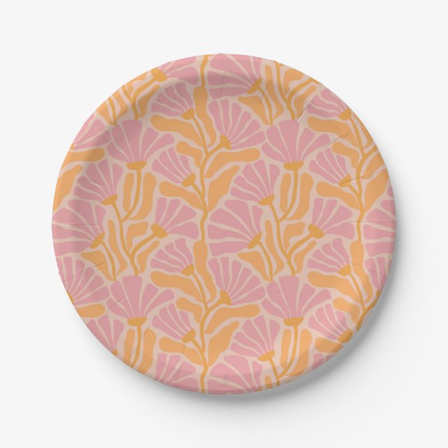 Mid Century Modern Floral Pattern Paper Plate (Front)