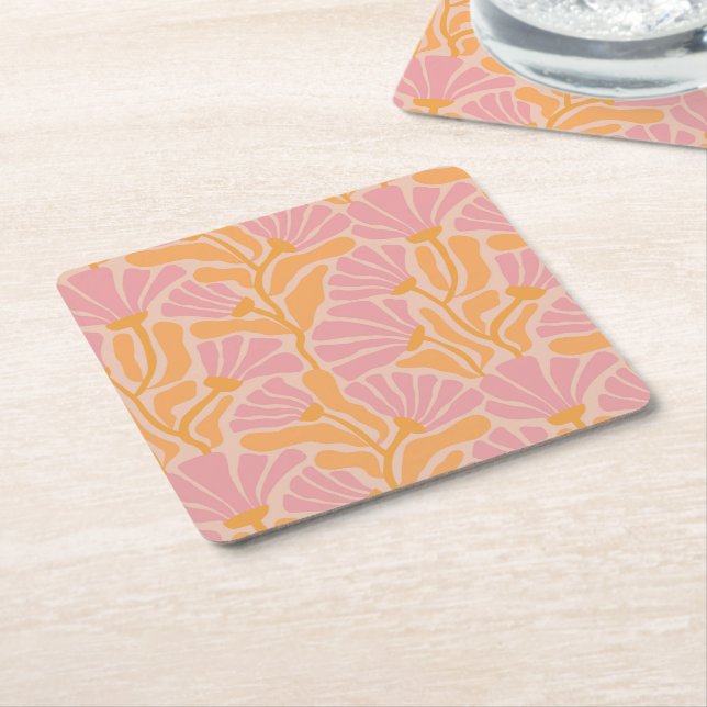 Mid Century Modern Floral Pattern Square Paper Coaster (Angled)