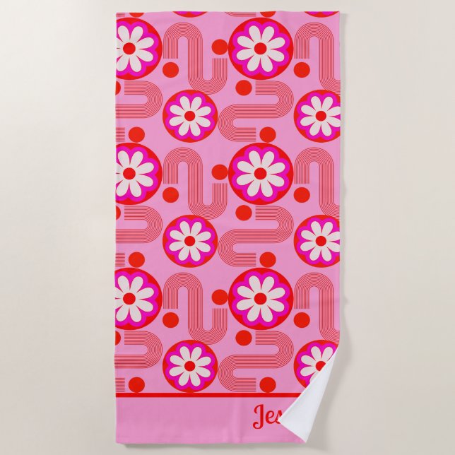 Mid Century Modern Floral Pattern with Name Pink  Beach Towel (Front)
