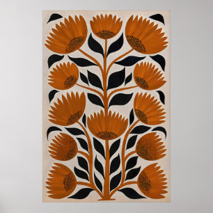 Mid-Century Modern Floral Print Retro Orange