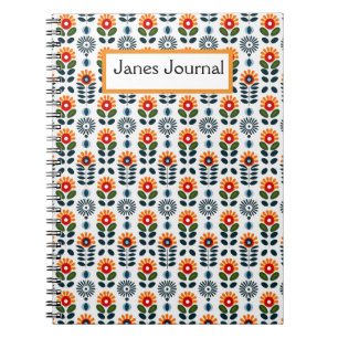 Mid Century Modern Floral Scandi Folk Pattern Notebook