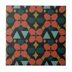 Mid Century Modern Flower Diamond Black  Tile