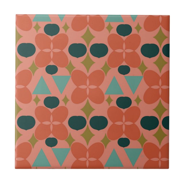 Mid Century Modern Flower Diamond Coral  Tile (Front)