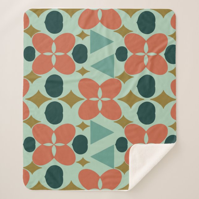 Mid Century Modern Flower Diamond Mint  Sherpa Blanket (Front)